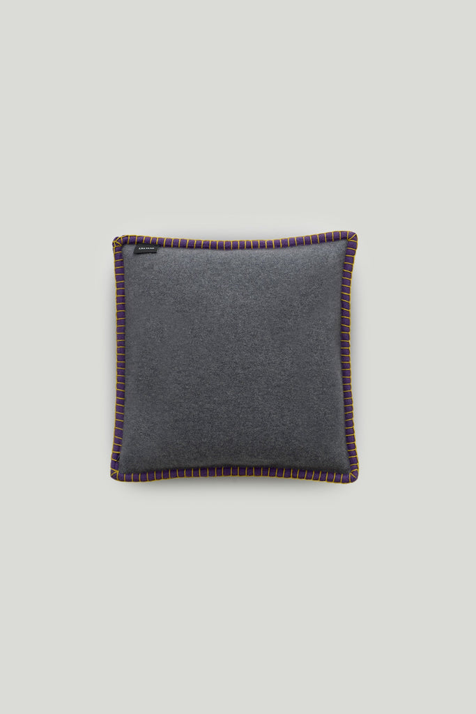 Amsterdam Cushion Deep Violet, Graphite & Dijon | Lisa Yang | Purple, grey & yellow stitching cushion in 100% cashmere